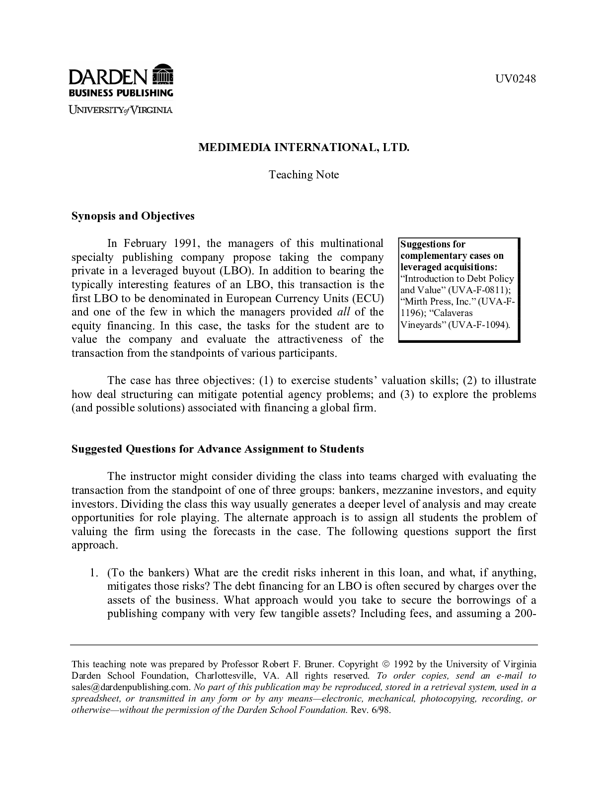 Preview image of Case Solutions/ Notes for MediMedia International, Ltd, By Robert Bruner document